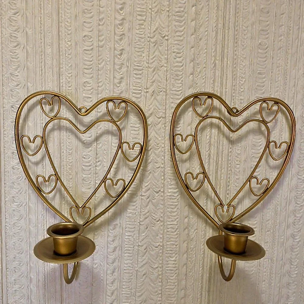Two Vintage Heart Wall Candle Holders Pair Brass-Tone, Gold Tone Metal Sconces